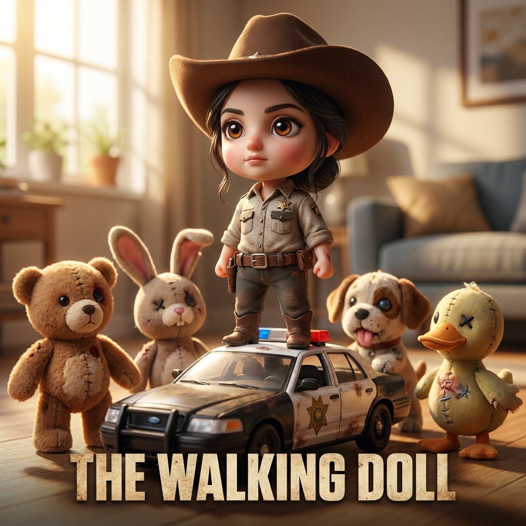 A tiny sheriff doll stands heroically atop a toy police car