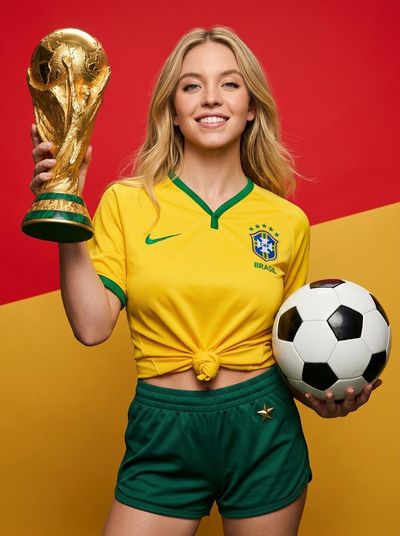 Brazilian soccer star hoists World Cup trophy in vivid studio portrait