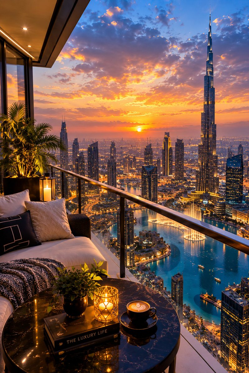 Luxury Rooftop Sunset Over Dubai Skyline With Golden Glow