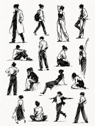 Black ink gesture sketches fill a clean sketchbook page