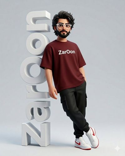 A stylish man in white glasses leans against ZarOon letters