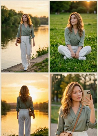 A stylish woman walks by a riverbank during golden hour sunset