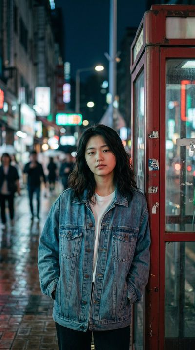 A calm woman stands beside a red phone booth in neon-lit city night