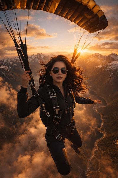Fearless skydiver descends over golden alpine peaks at sunset