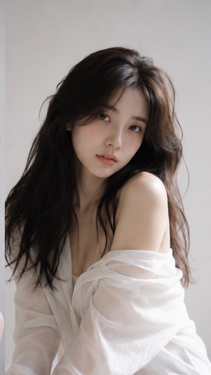 A young woman in white shirt sits quietly in minimal room