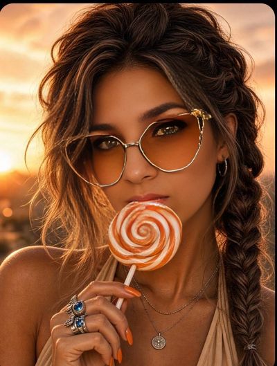 Woman with cat-eye sunglasses holds lollipop at golden hour