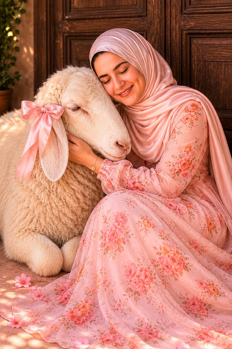 Young woman in floral dress rests beside a fluffy sheep with a pink bow.