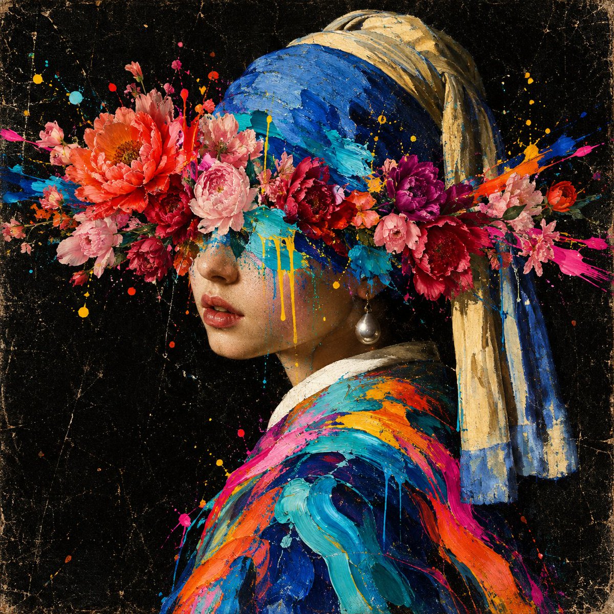 Floral Explosion Obscures Eyes in Surreal Girl with Pearl Earring Portrait