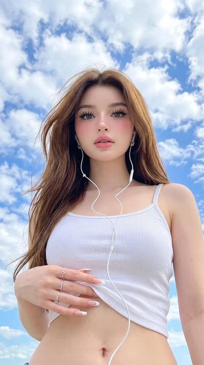 Confident young woman lifts camisole under bright blue summer sky