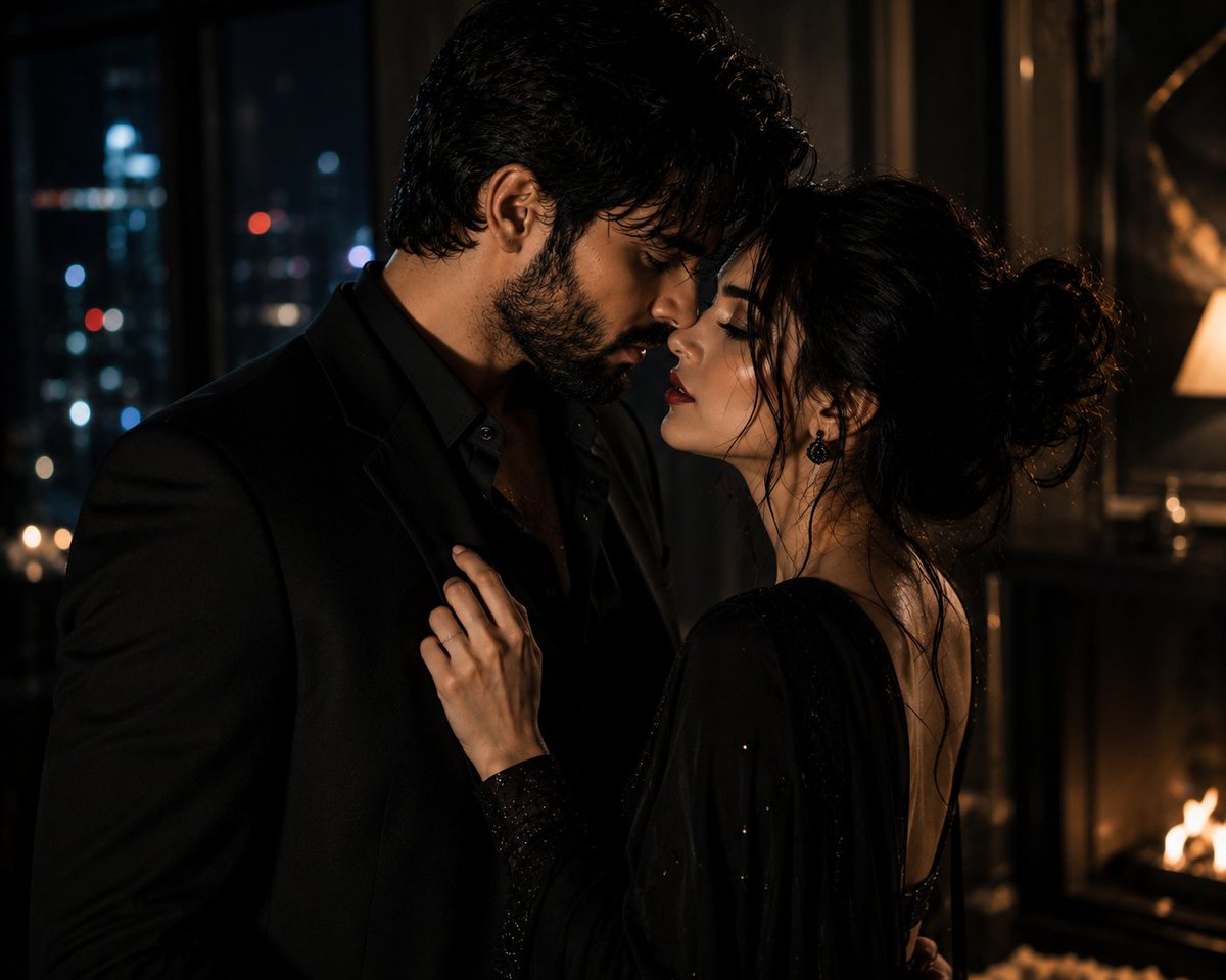 Foreheads touch in neon rain as lovers share silent vows