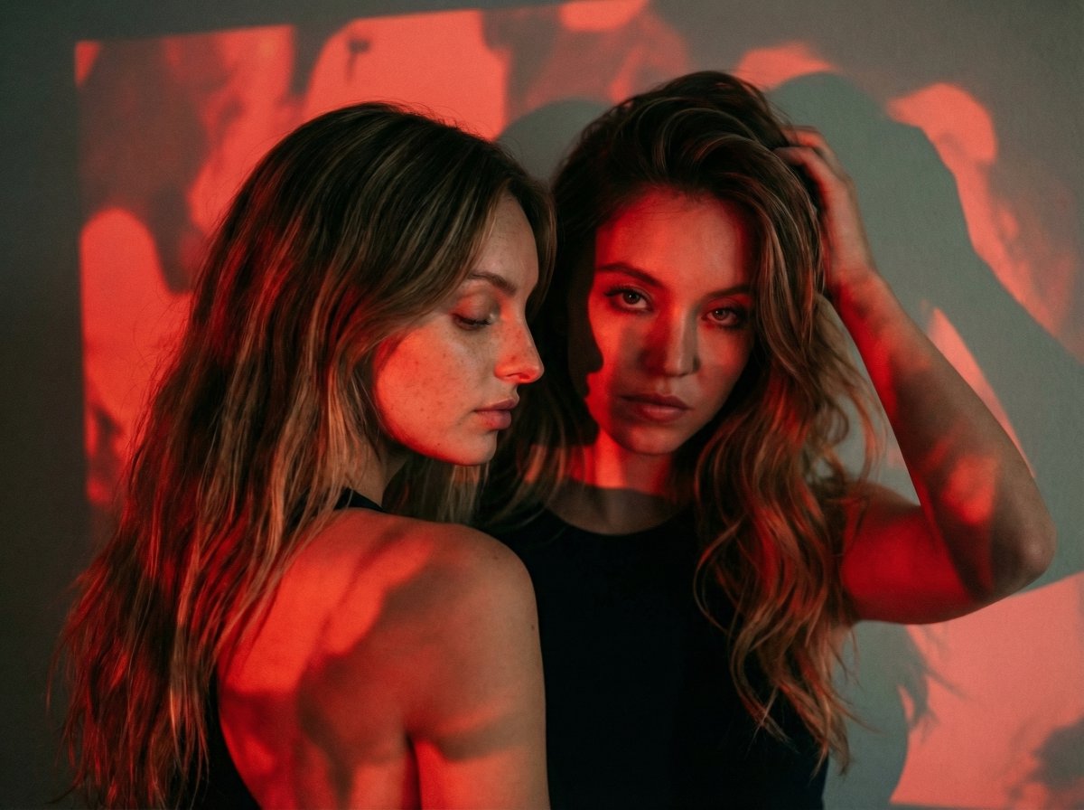 Red Light Reverie: Sydney Sweeney & Maya in Cinematic Portrait