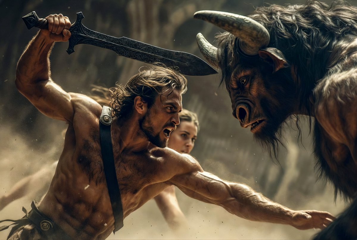 Epic Confrontation: Theseus Faces the Minotaur in the Labyrinth