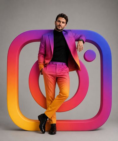 A stylish man in gradient suit leans on a giant Instagram logo