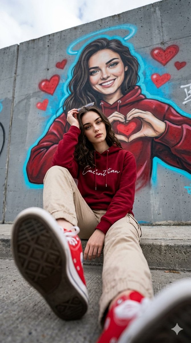 Urban Portrait with Vibrant Graffiti Mural and Dramatic Perspective