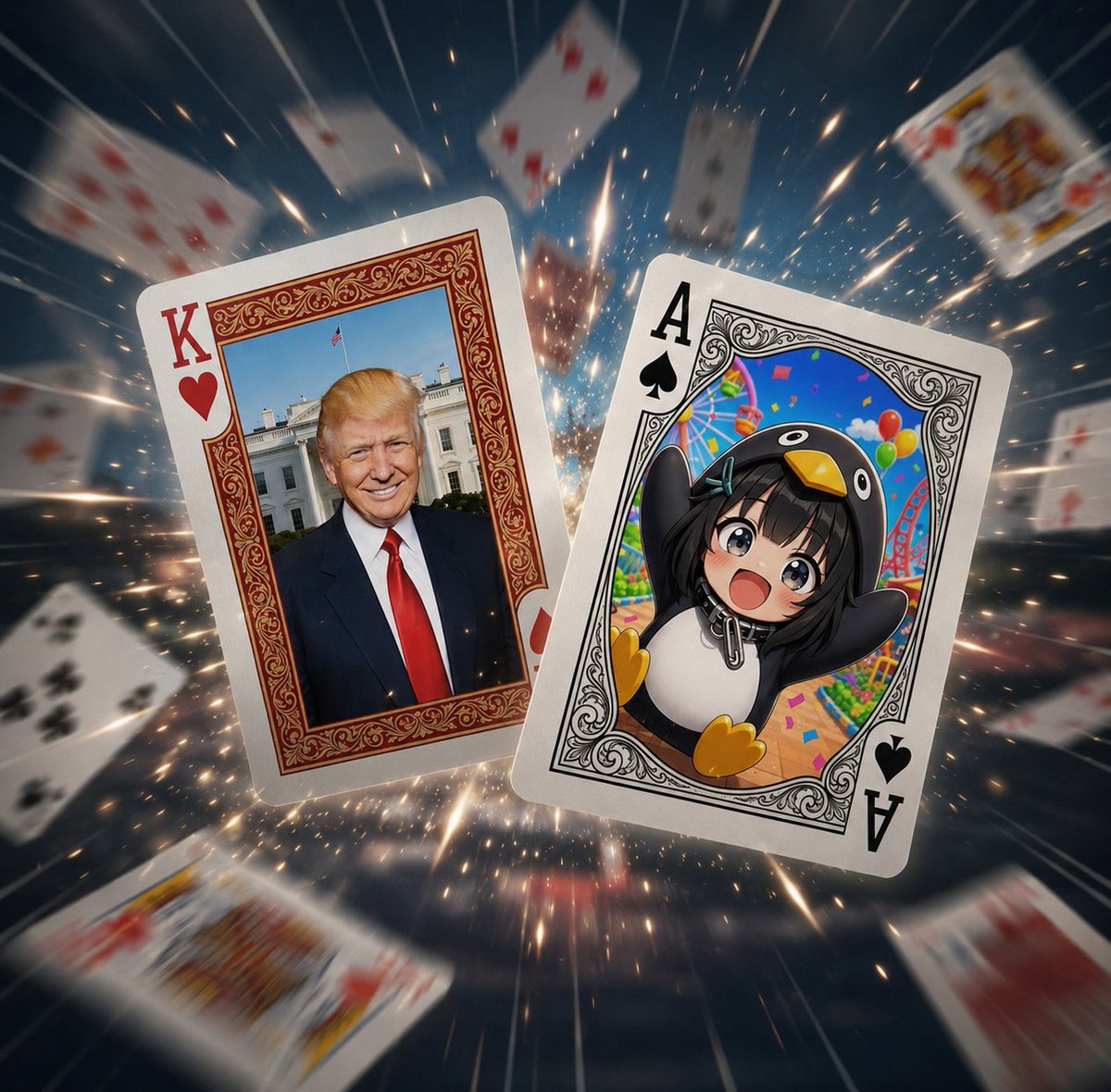 Two oversized cards fly through a magical casino portal
