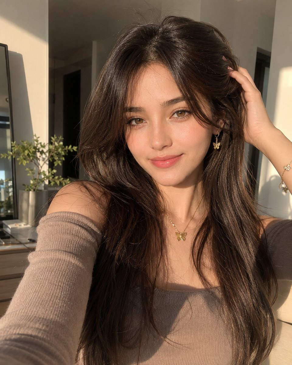 Young woman basks in golden sunlight while touching her hair