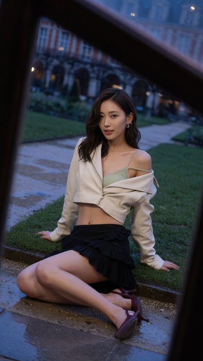 Elegant woman in cropped leather jacket poses at Place des Vosges