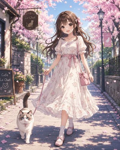 Anime girl walks with cat under blooming cherry blossom trees