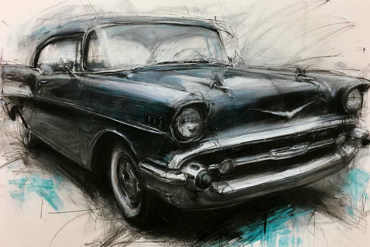 A nostalgic charcoal sketch captures a vintage car's elegant silhouette