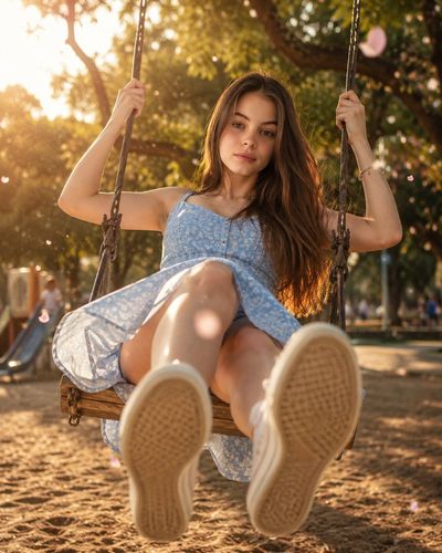 Young woman swings forward with feet enlarged in golden park