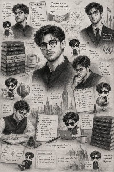 A thoughtful South Asian strategist sketches diplomatic plans in graphite