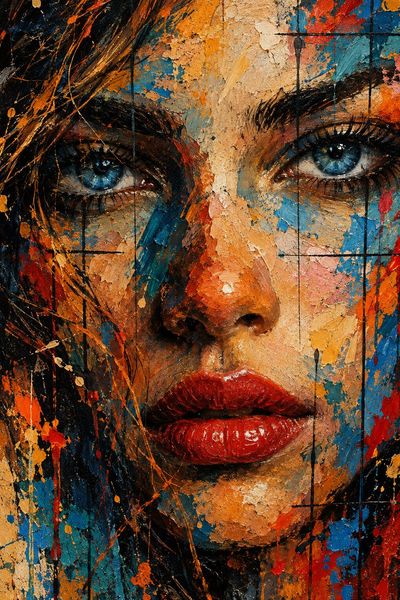 Intense close-up portrait blends realism and chaos with expressive brushwork