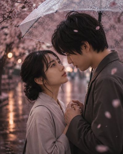 Japanese couple finds comfort under cherry blossom rain