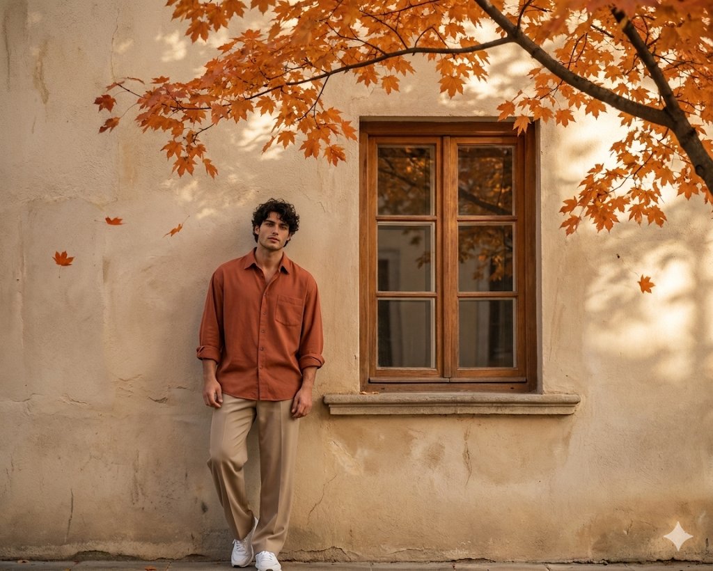 Young man leans against aged wall in warm autumn sunlight
