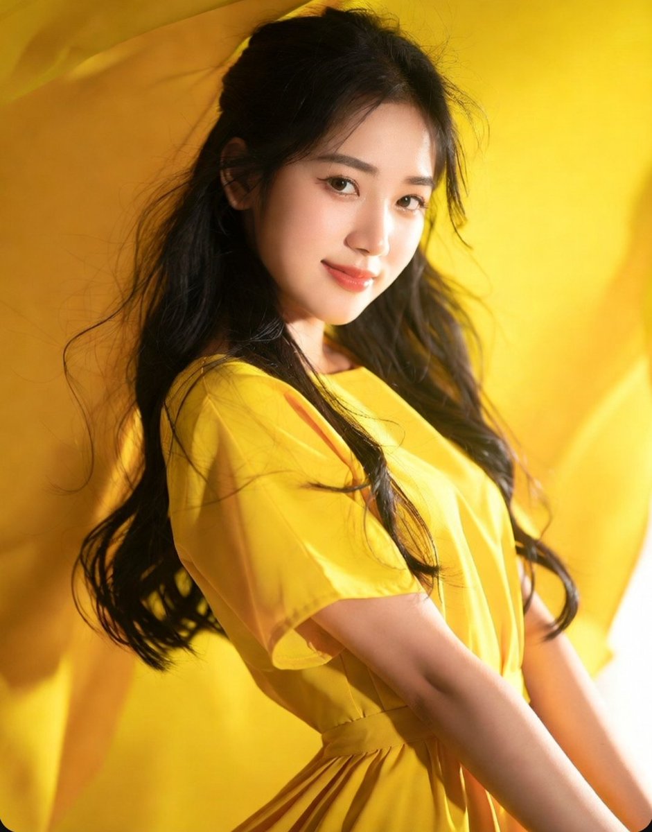 A young woman in a bright yellow dress glows under golden light.