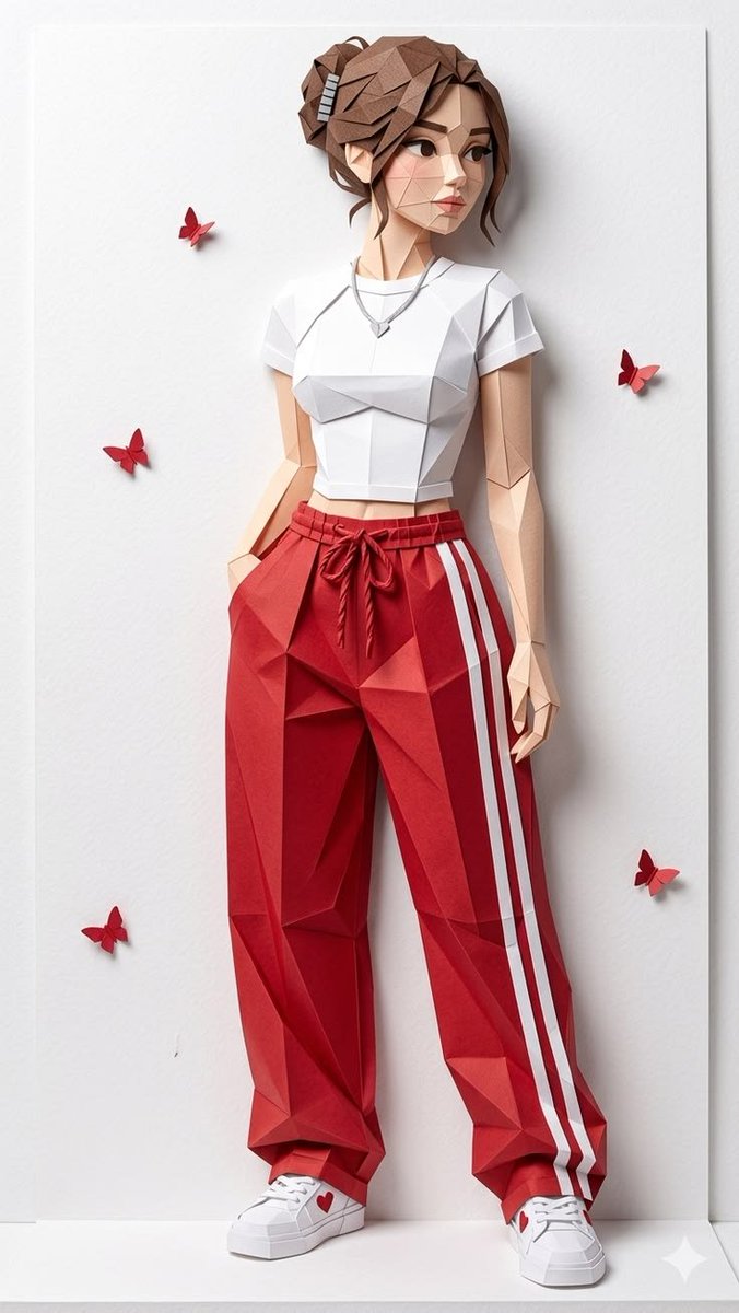 Paper Woman in Red Track Pants Stands with Floating Butterflies