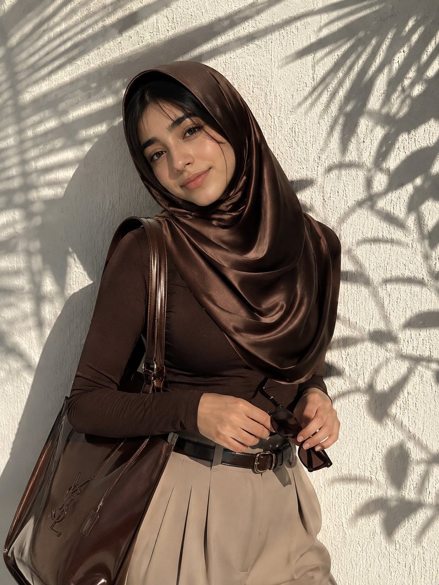 Elegant woman in chocolate hijab leans against sunlit wall