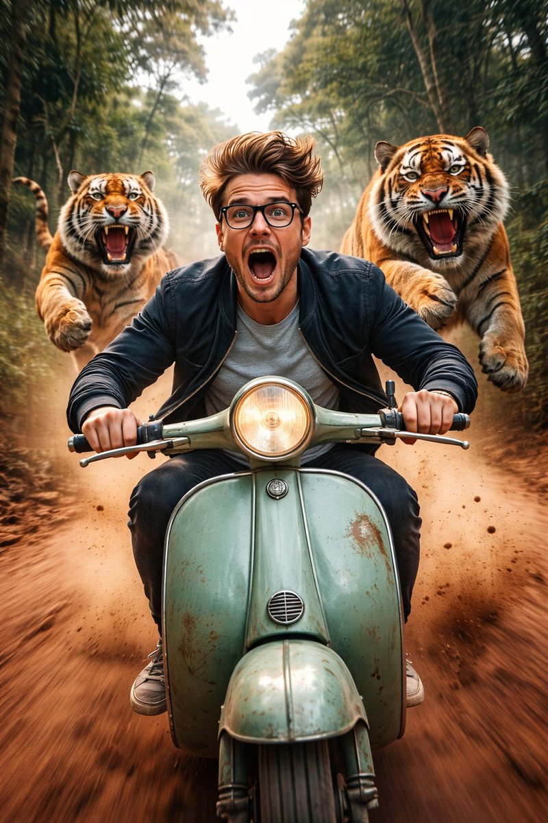 Thrilling Escape: Young Rider Speeds Past Leaping Bengal Tigers