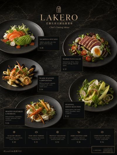 Lakero's refined French tasting menu arranged on dark stone