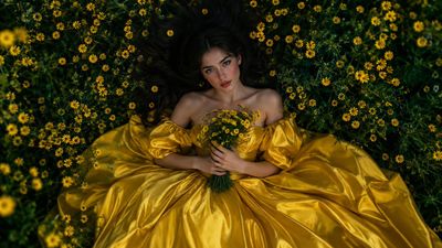 Woman in golden satin gown lies among yellow wildflowers