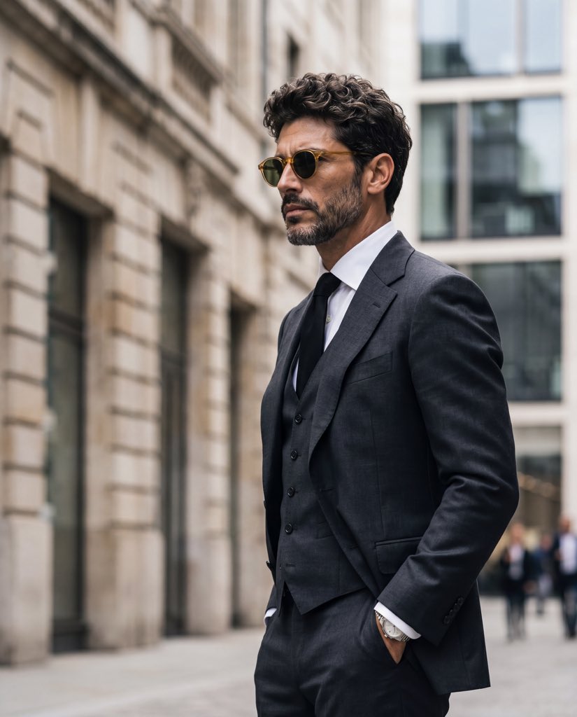 A sharply dressed man stands confidently in soft overcast daylight.