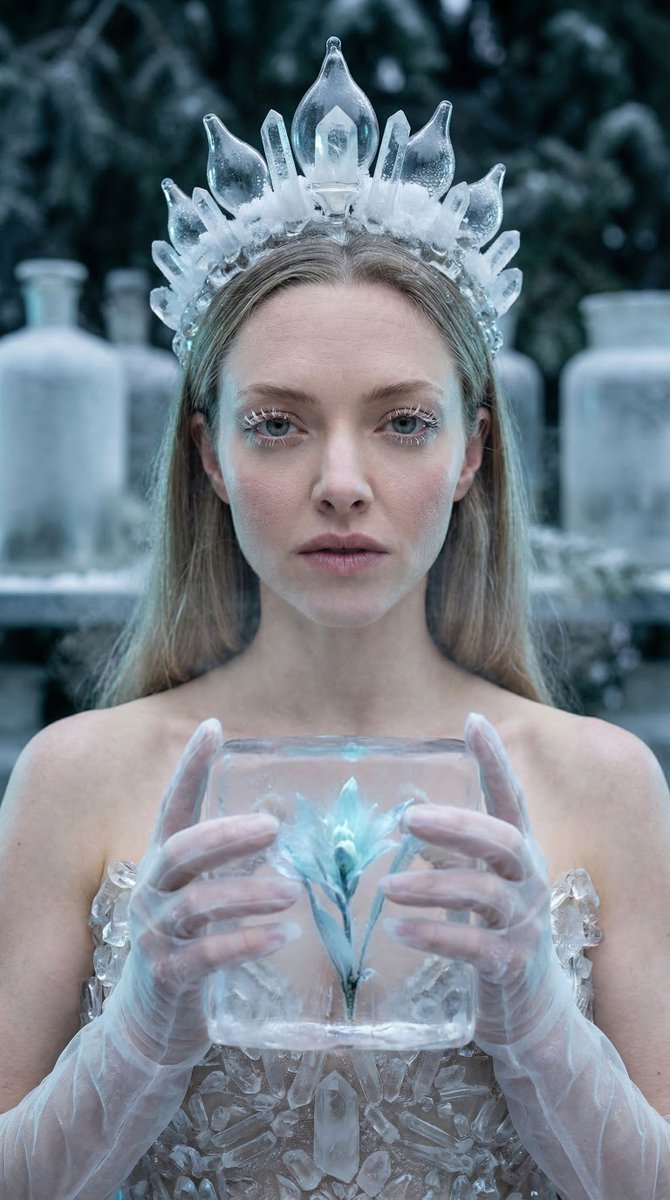Amanda Seyfried holds a glowing ice specimen in frozen archive