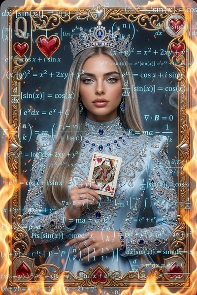 A royal queen holds a flaming card amid glowing physics equations.