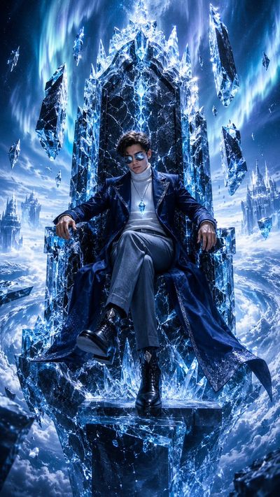 Frozen emperor sits calmly on glacier throne above storm
