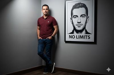 Confident Man in Minimalist Room with Graphic Portrait