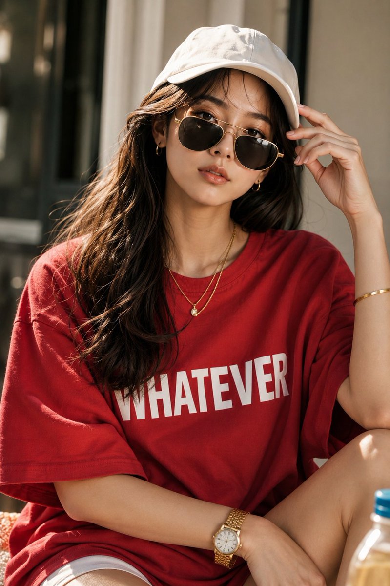 Young woman in crimson shirt poses for luxury fashion editorial
