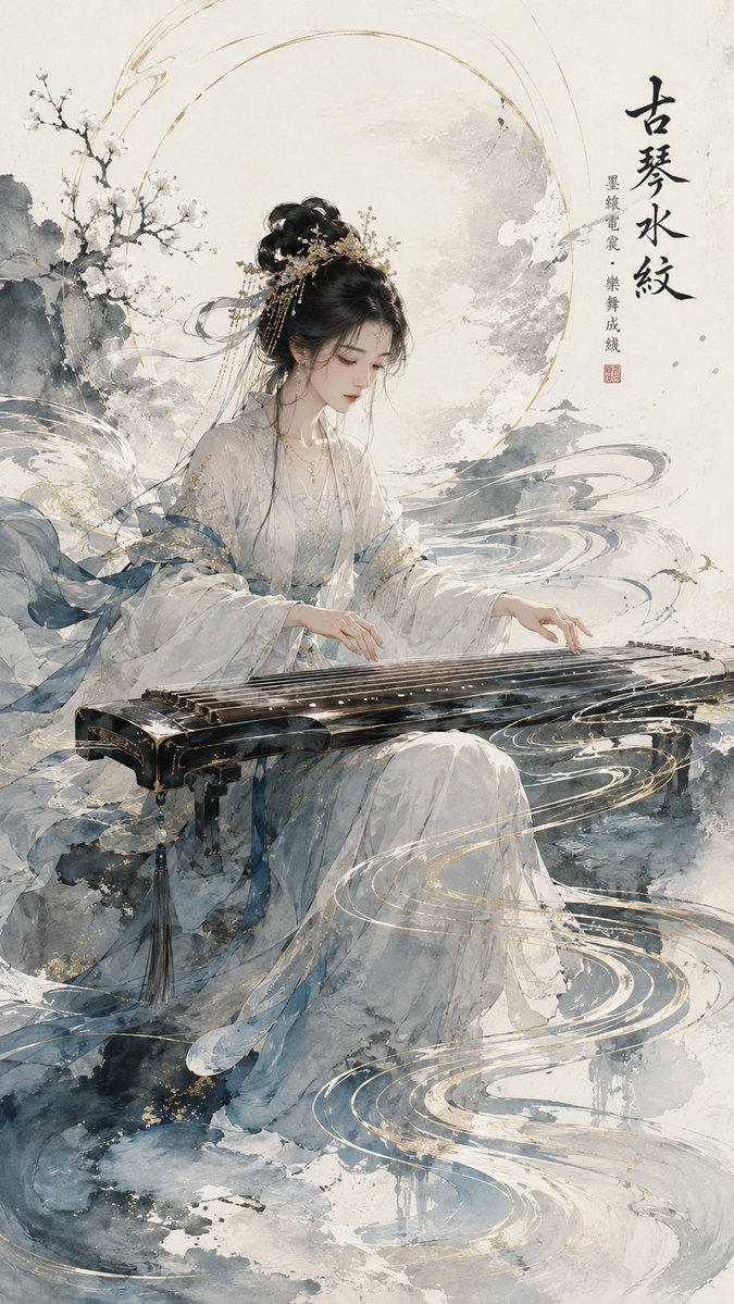 Ancient qin strings transform into flowing water patterns in ink art