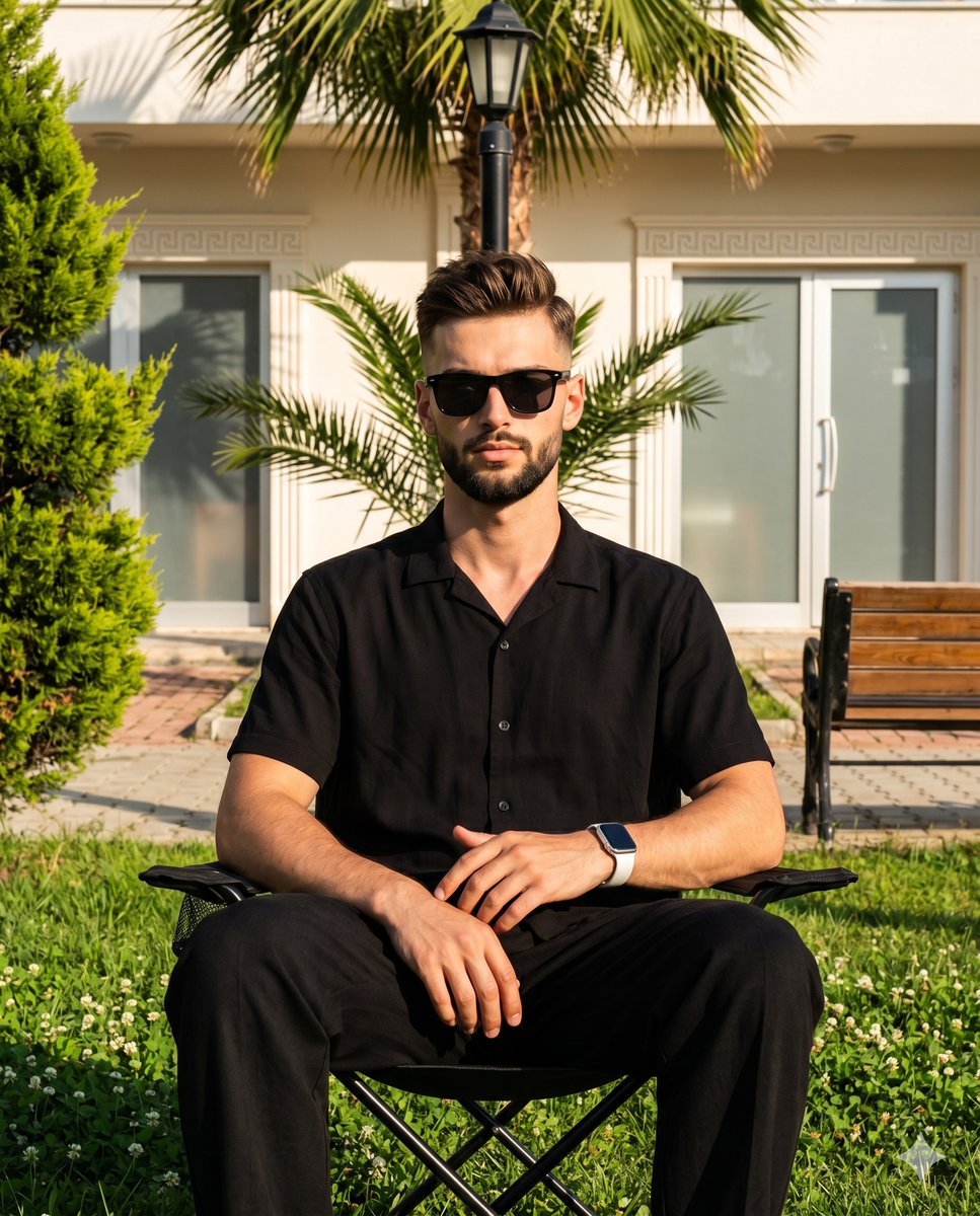 Young man in black ensemble sits confidently by resort streetlamp