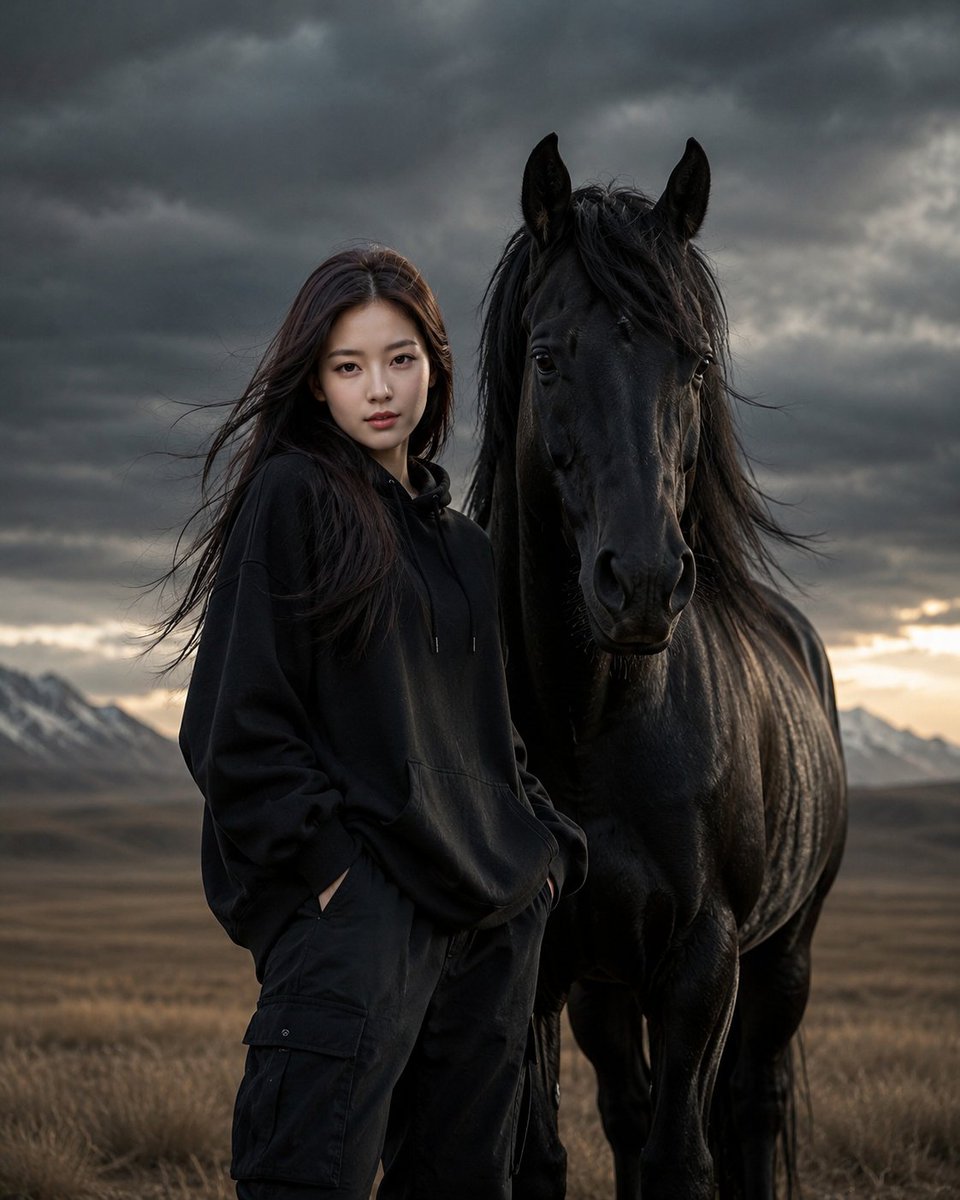 Woman in black stands with a horse under stormy skies