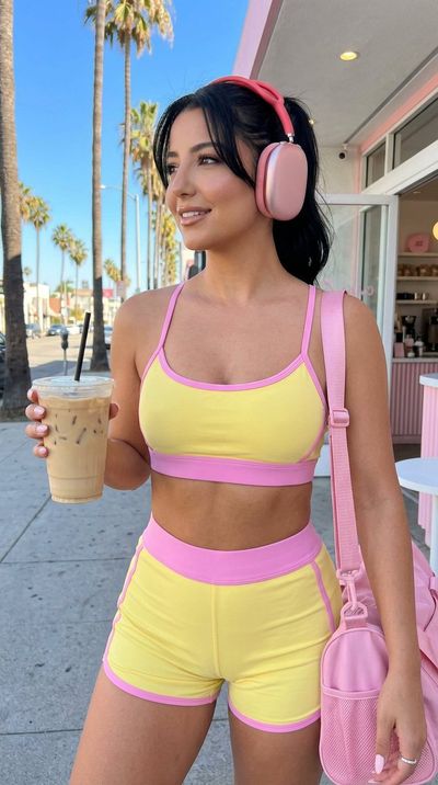 A confident woman in yellow sportswear poses outside a sunny café