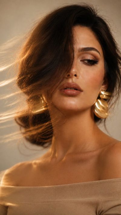 Woman with braided bun and gold earrings in blurred motion
