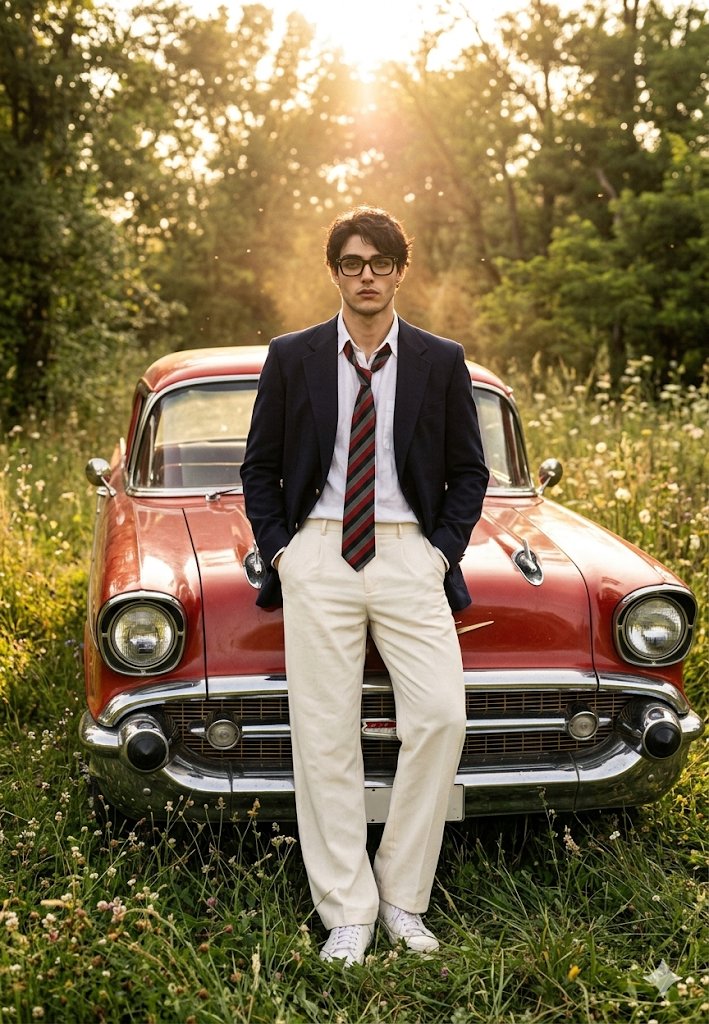 A man in a navy blazer leans against a vintage red car.