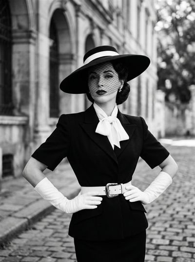 Elegant Woman in Vintage Black and White High-Fashion Attire