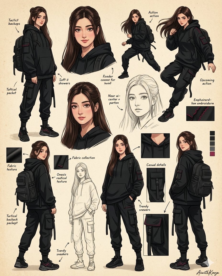 Kinza poses in tactical streetwear on vintage sketchbook collage