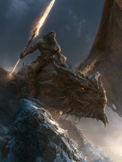 A bearded warrior rides a brown dragon on an icy mountain peak.