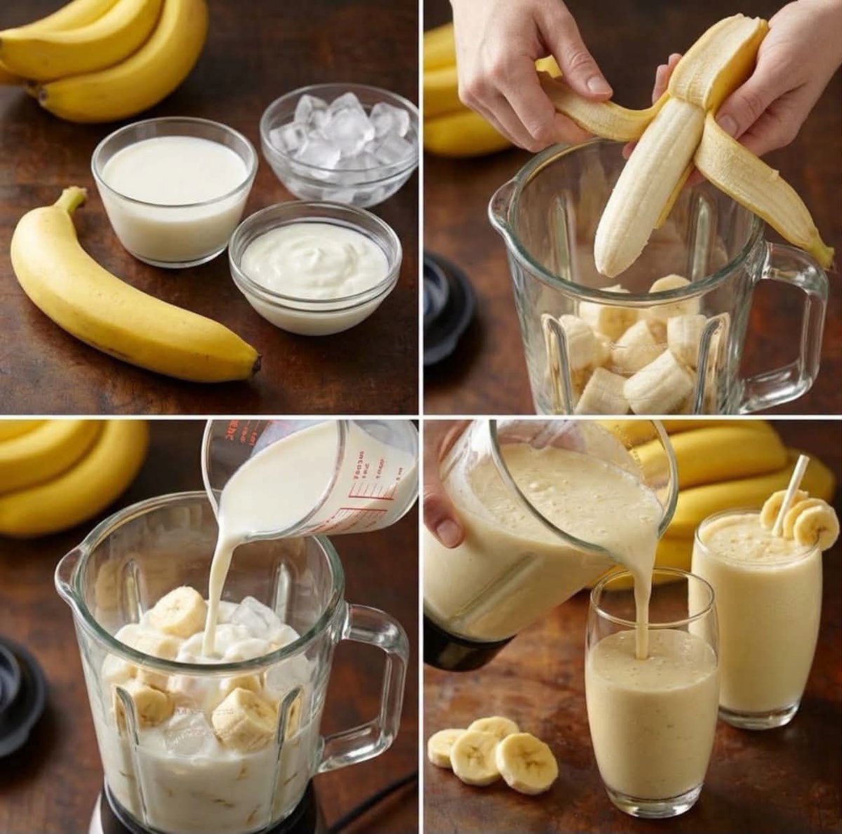 Ripe bananas and creamy yogurt blend into a smoothie on rustic wood.